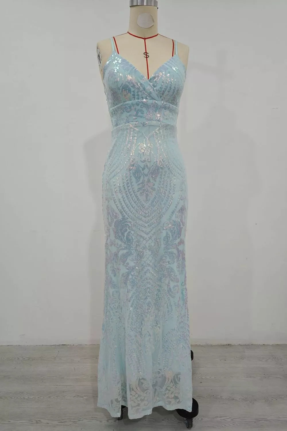 Robe longue de soirée sirène à sequins bleu ciel pour femme – vue 7