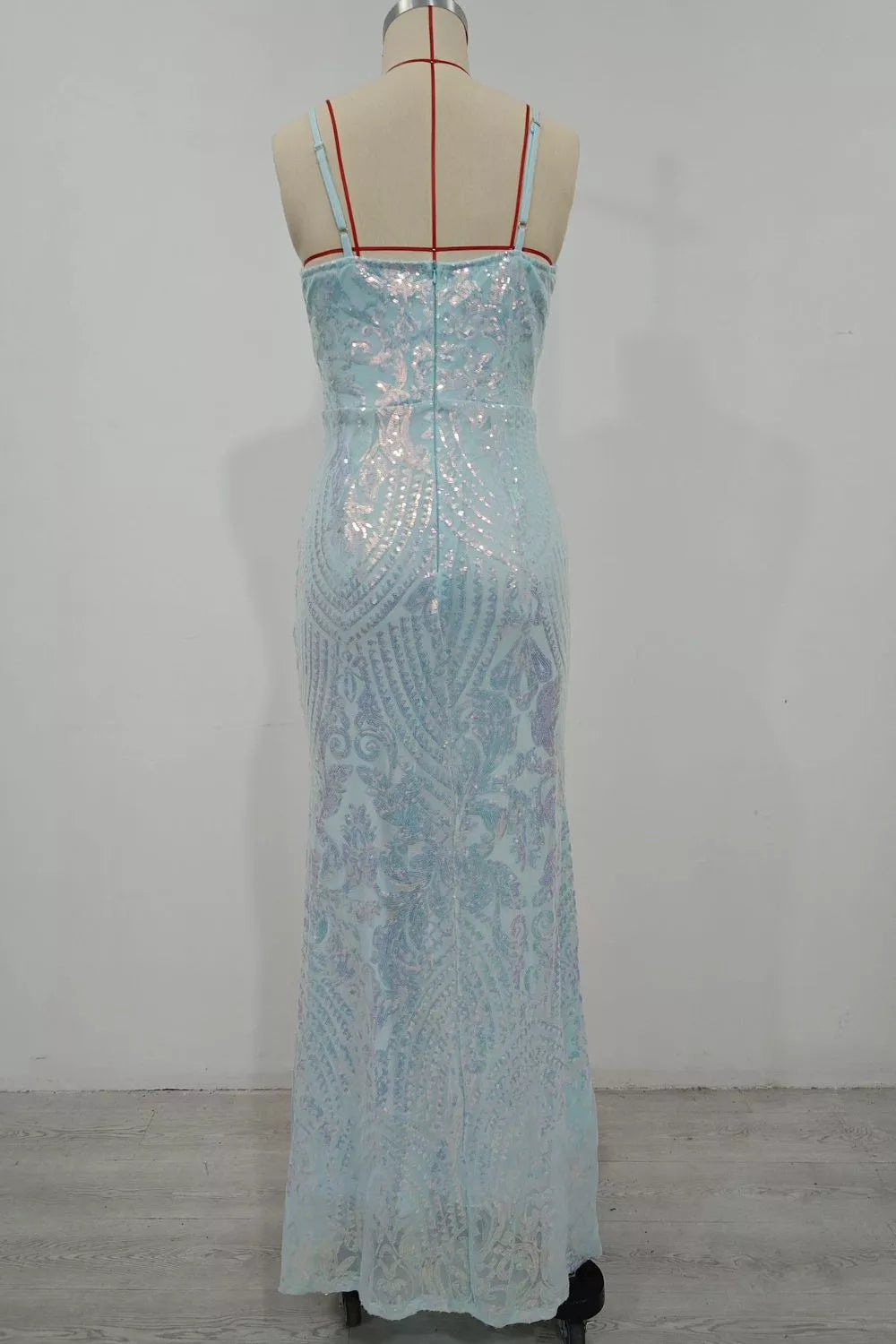 Robe longue de soirée sirène à sequins bleu ciel pour femme – vue 8