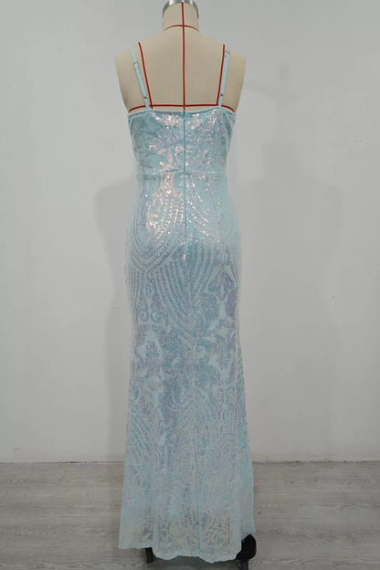 Robe longue de soirée sirène à sequins bleu ciel pour femme – vue 8