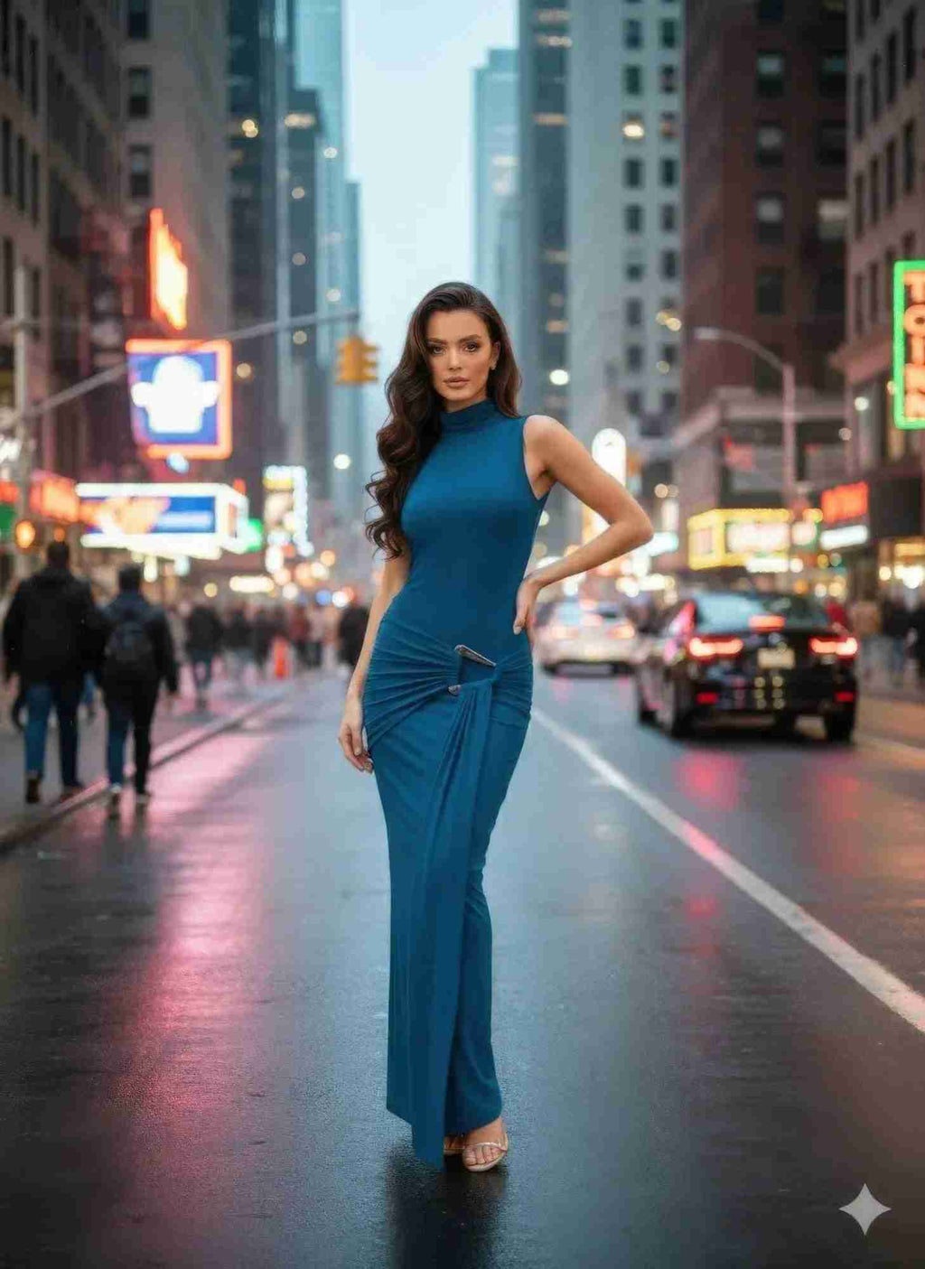 Robe longue turquoise sans manches, col roulé, drapés au devant et lien à la taille
