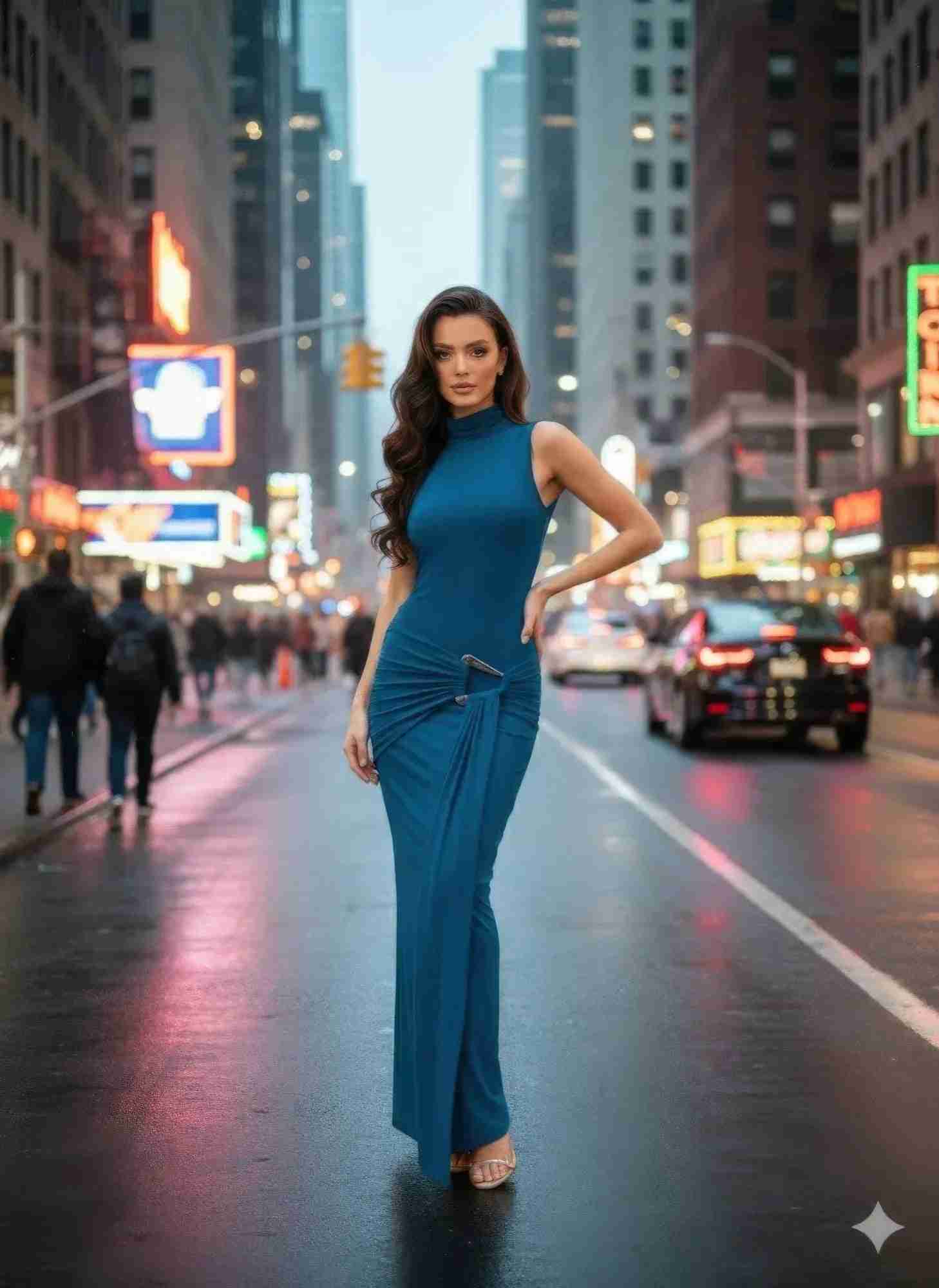 Robe longue turquoise sans manches, col roulé, drapés au devant et lien à la taille