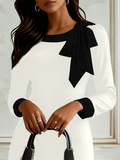 Robe à manches longues avec nœud et bordures contrastées pour femme – vue 4