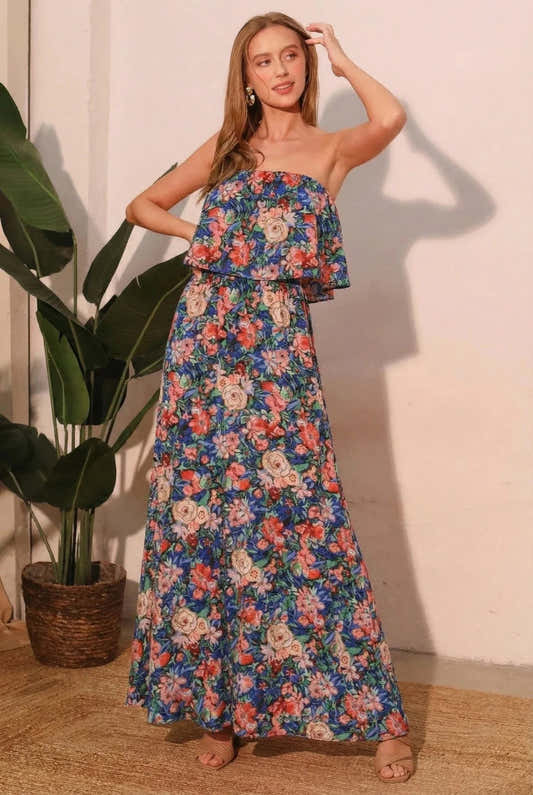 Robe maxi bustier florale à fleurs, bretelles fines et jupe évasée, imprimé bleu