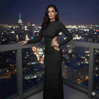 Robe maxi col montant noire, manches longues, ajustée, détail chaîne au côté
