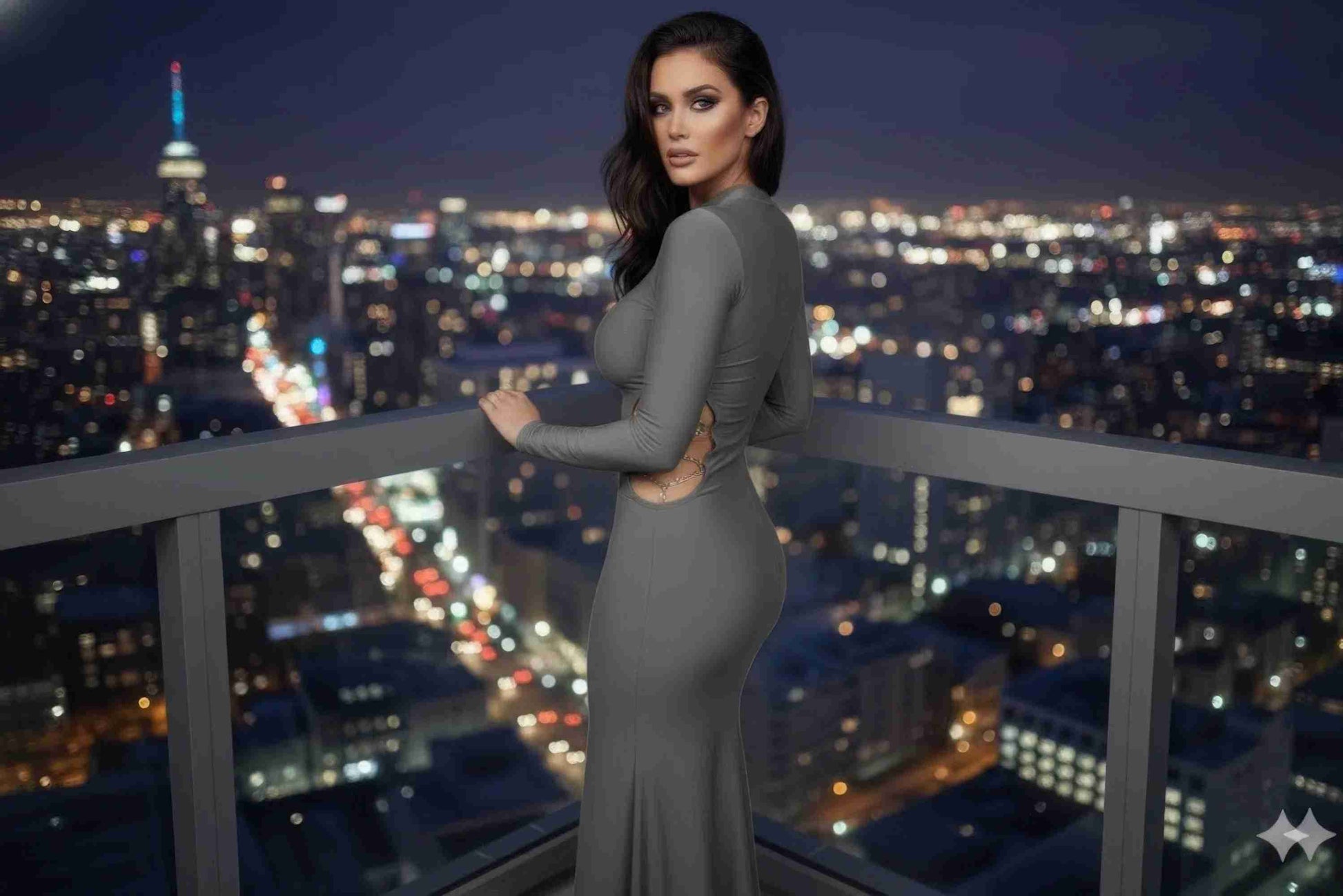 Robe Maxi Col Haut Manches Longues Détail Chaîne Femme – Gris & Noir by CCWHOLESALECLOTHING