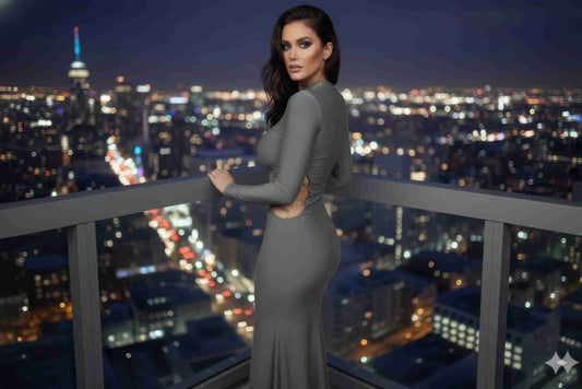 Robe Maxi Col Haut Manches Longues Détail Chaîne Femme – Gris & Noir Oléna-Fashion