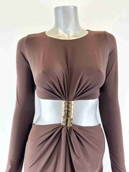 Robe Maxi Col Montant Manches Longues Découpe Avant Femme – Marron, Noir & Bordeaux by CCWHOLESALECLOTHING