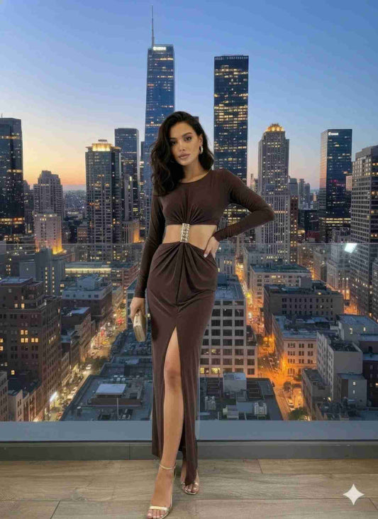 Robe Maxi Col Montant Manches Longues Découpe Avant Femme – Marron, Noir & Bordeaux Oléna-Fashion
