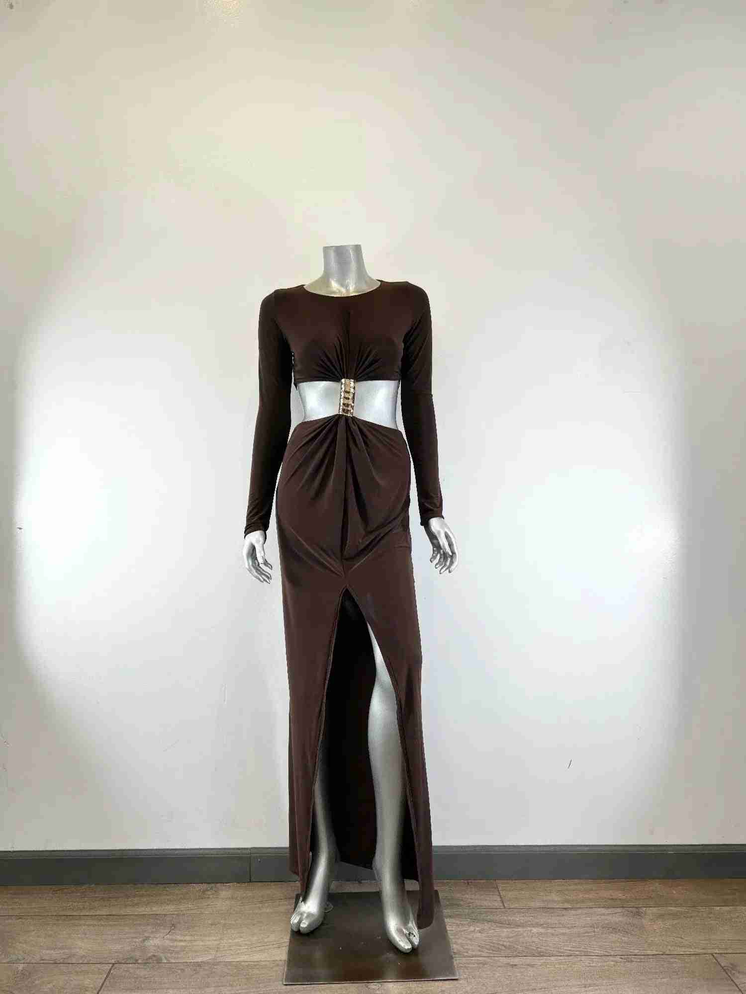Robe Maxi Col Montant Manches Longues Découpe Avant Femme – Marron, Noir & Bordeaux by CCWHOLESALECLOTHING