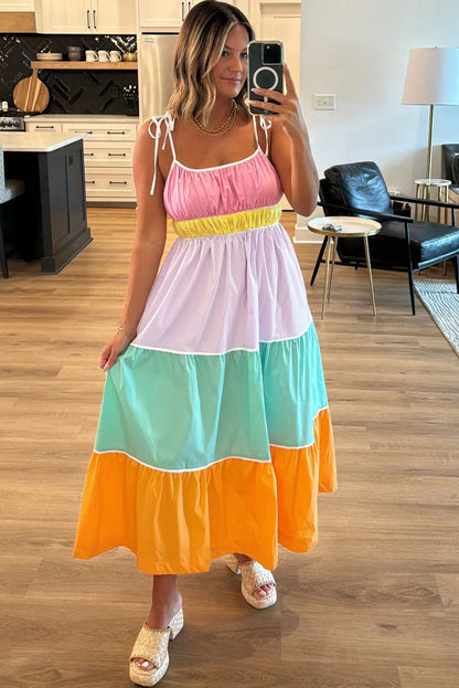 Robe Maxi Colorblock Multicolore à Bretelles Nouées | Oléna-Fashion by Shewin