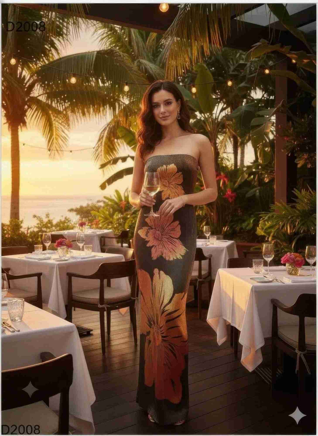 Robe maxi tube strapless marron à grandes fleurs métallisées dorées et roses