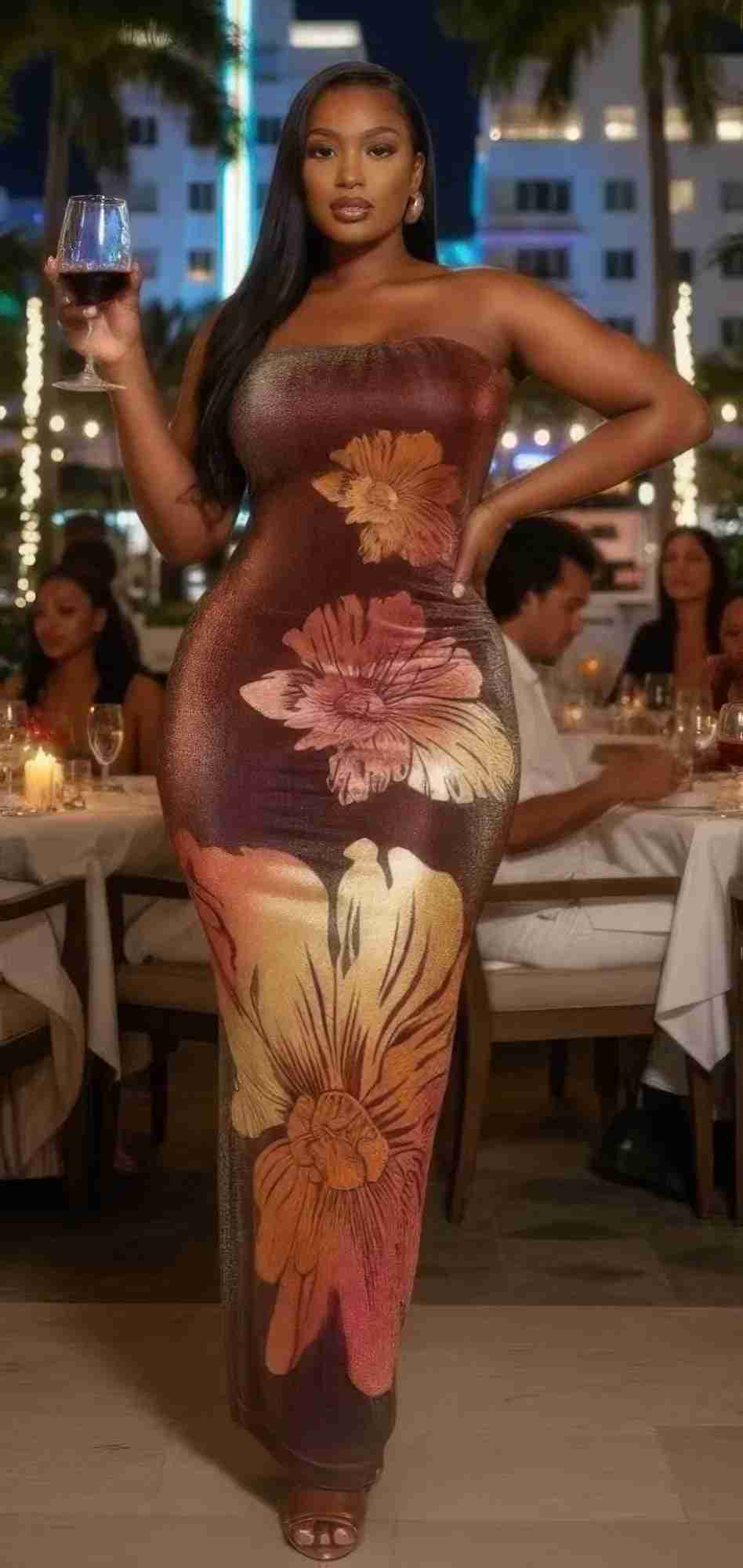 Robe maxi tube bustier marron avec fleurs métalliques roses et dorées