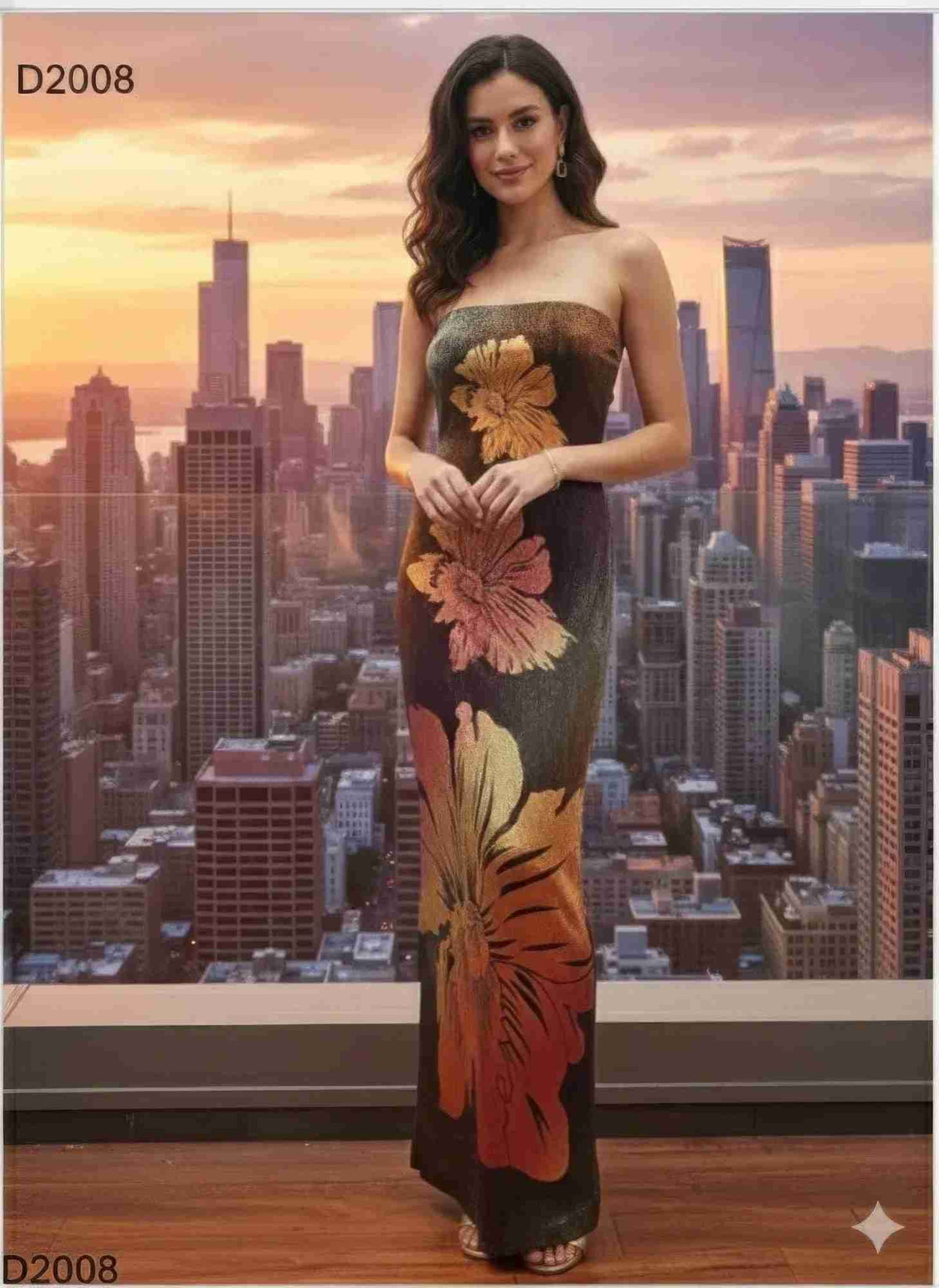 Robe maxi tube sans bretelles marron à fleurs métallisées dorées