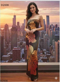 Robe maxi tube sans bretelles marron à fleurs métallisées dorées