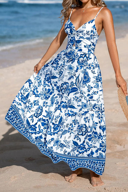 Robe Maxi Florale Bleu Ciel Bretelles Fines Dos Nu Torsadé Oléna-Fashion