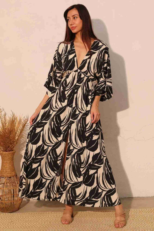 Robe Maxi Kimono Imprimé Feuilles Manches Larges Oléna-Fashion