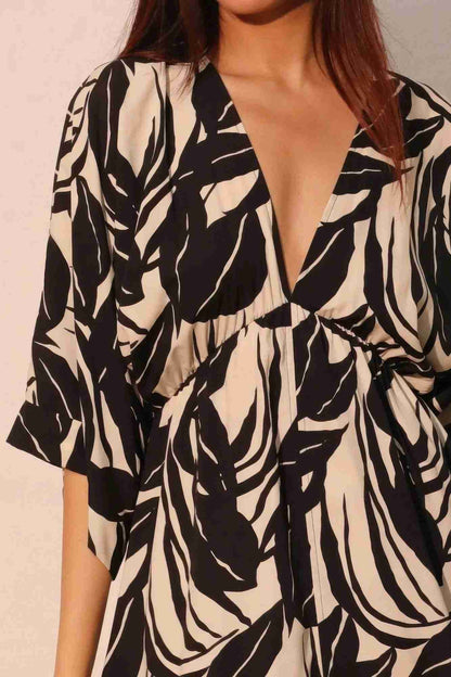 Robe Maxi Kimono Imprimé Feuilles Manches Larges by TYCHE