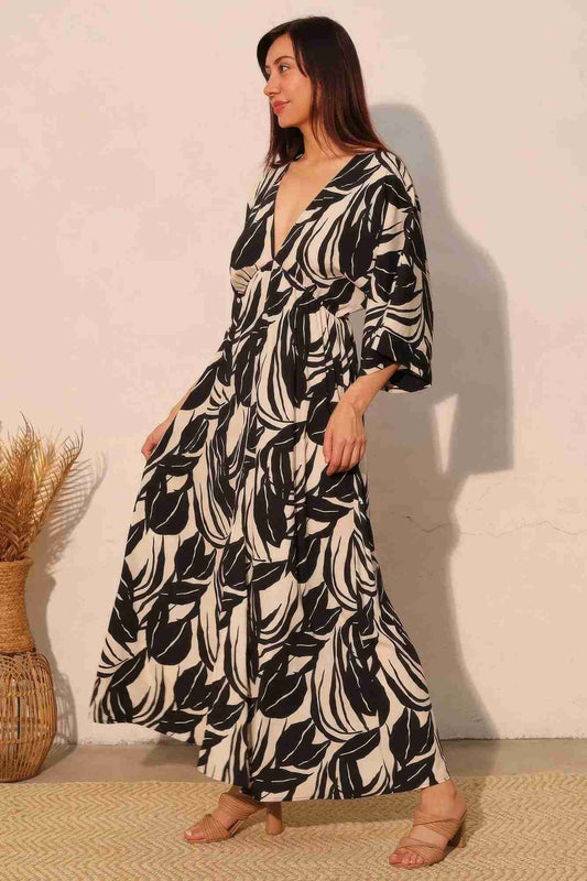 Robe Maxi Kimono Imprimé Feuilles Manches Larges Oléna-Fashion