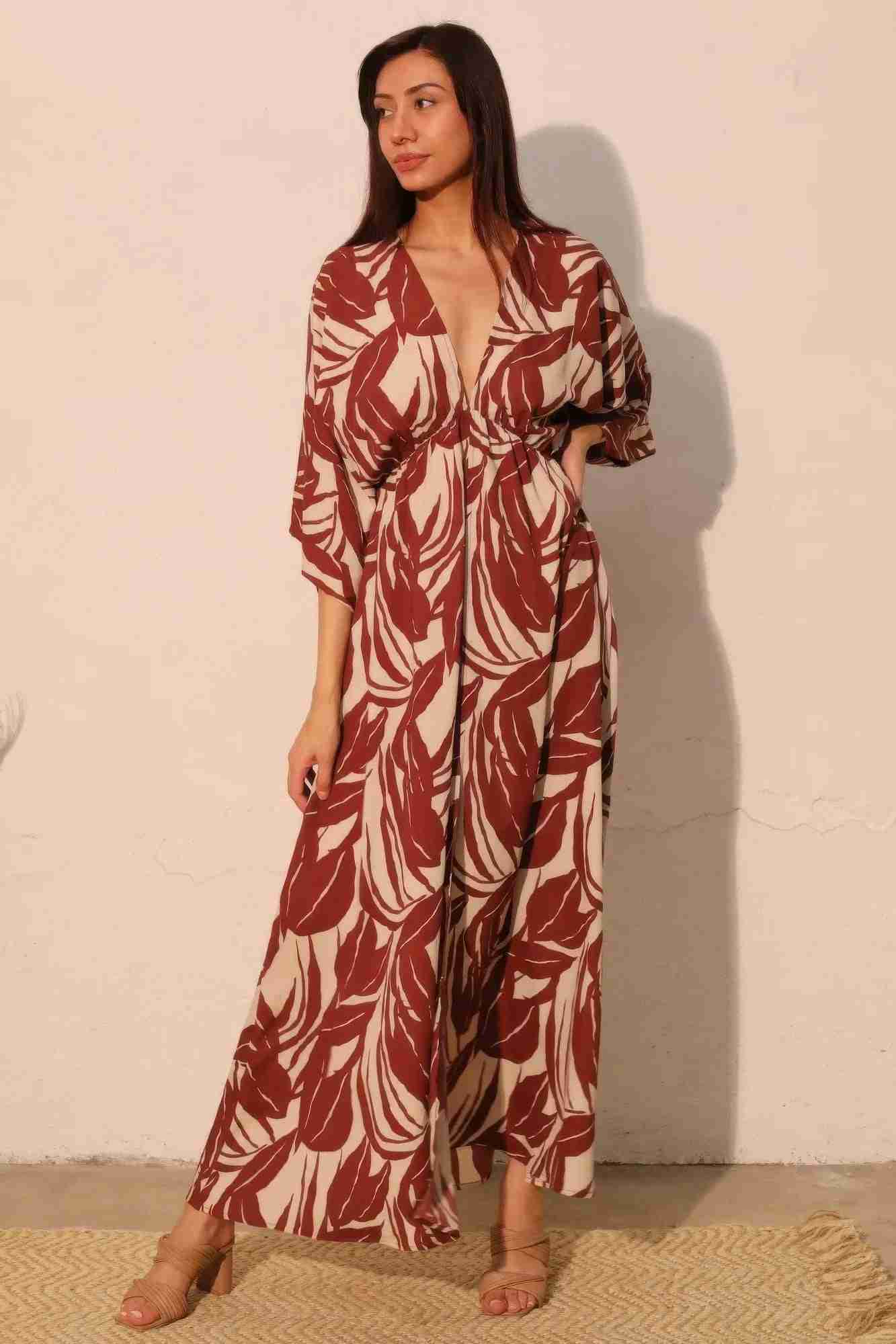 Robe Maxi Kimono Imprimé Feuilles Manches Larges by TYCHE