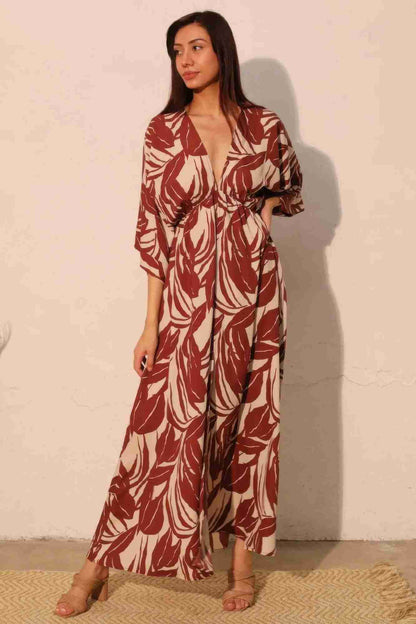 Robe Maxi Kimono Imprimé Feuilles Manches Larges by TYCHE