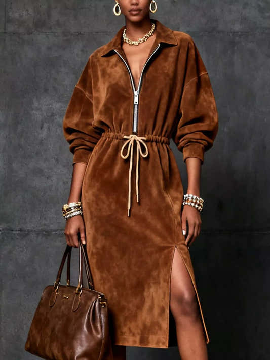 Robe mi-longue fendue zippée à cordon pour femme – vue 1