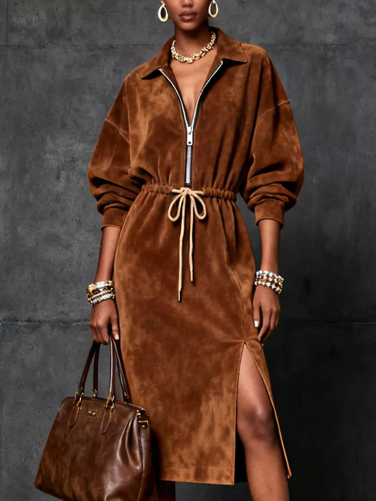 Robe mi-longue fendue zippée à cordon pour femme – vue 1