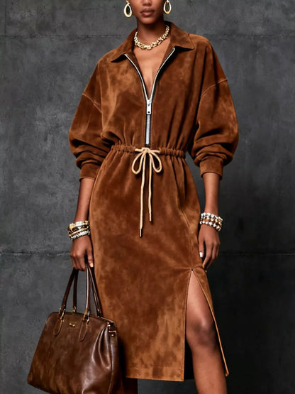 Robe mi-longue fendue zippée à cordon pour femme – vue 1
