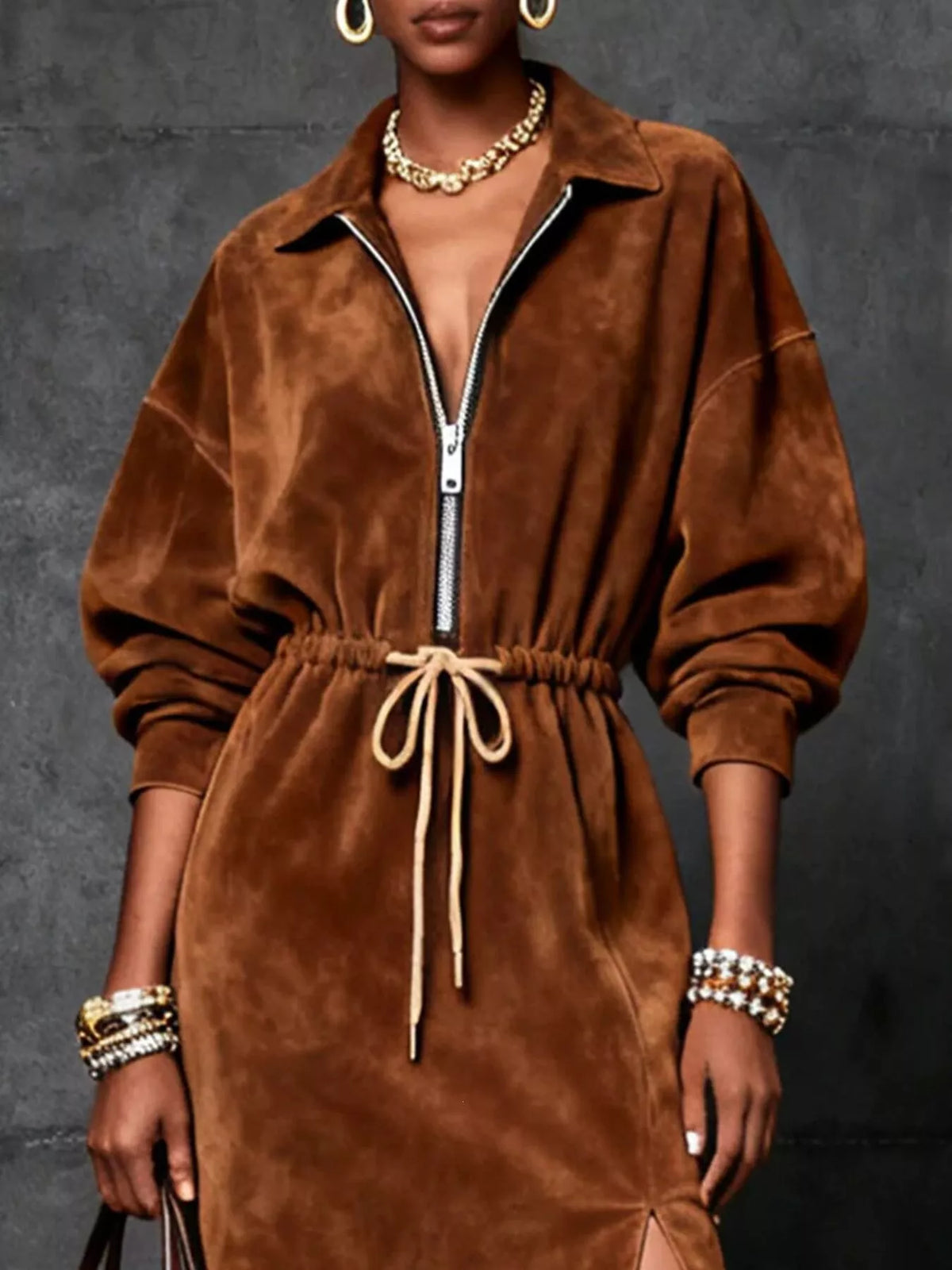 Robe mi-longue fendue zippée à cordon pour femme – vue 2
