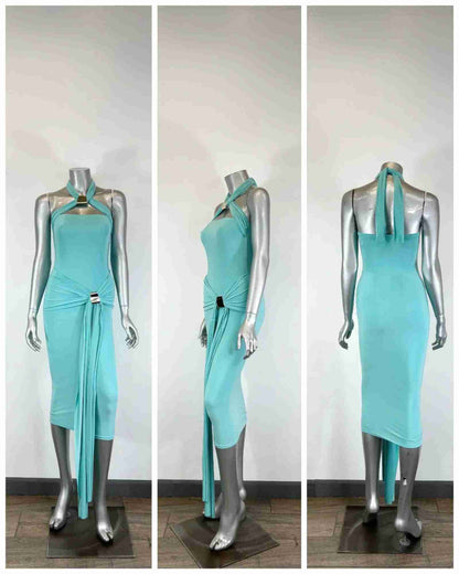 Robe midi bodycon aqua, ensemble de vues : col halter, dos ouvert, accents métalliques