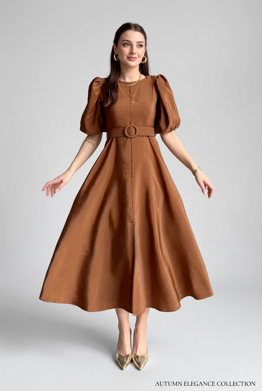 Robe midi ceinturée beige à manches bouffantes pour femme – vue 1