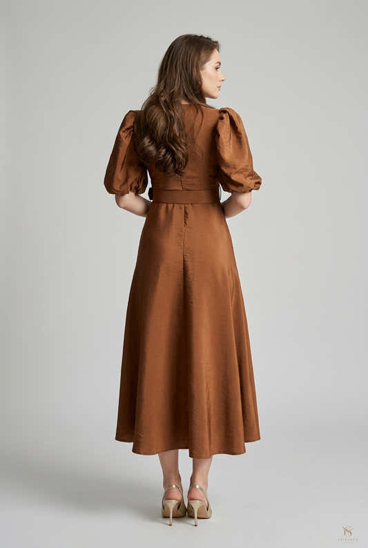 Robe midi ceinturée beige à manches bouffantes pour femme – vue 2