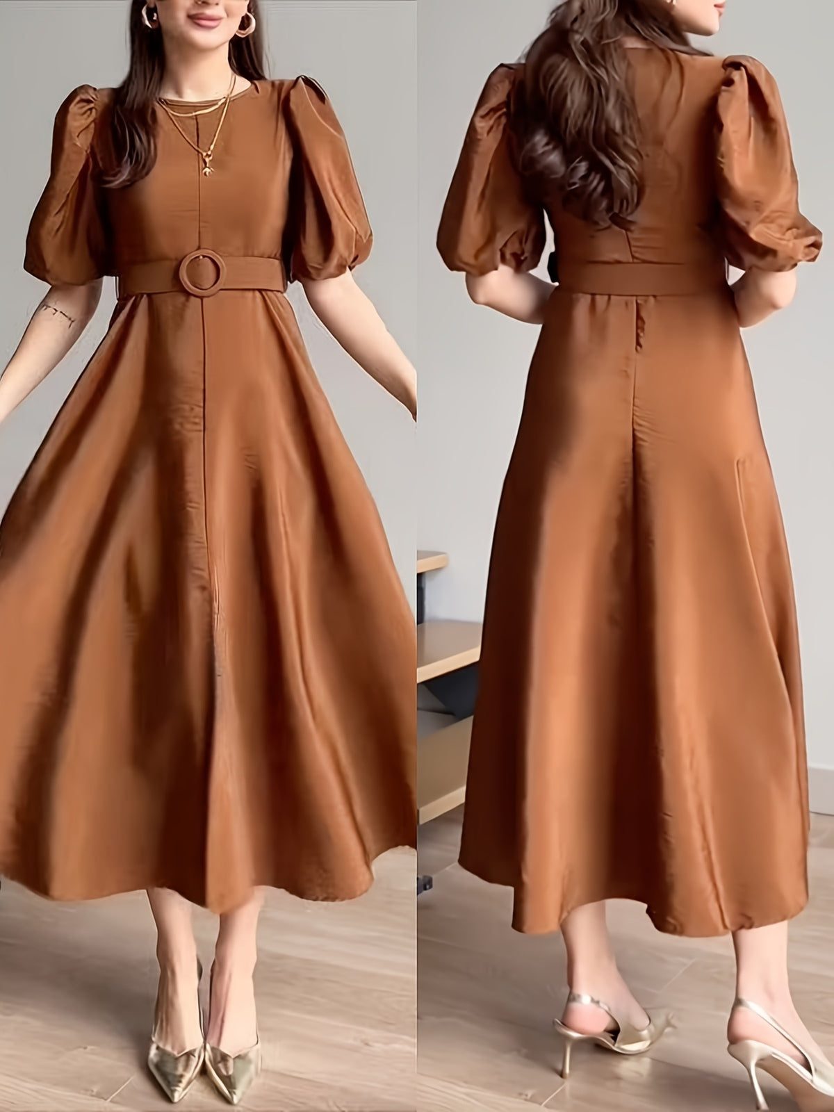 Robe midi ceinturée beige à manches bouffantes pour femme – vue 3