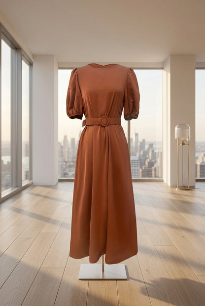 Robe midi ceinturée beige à manches bouffantes pour femme – vue 5