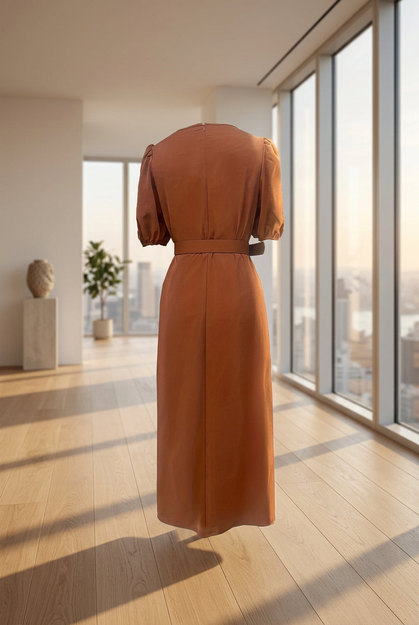 Robe midi ceinturée beige à manches bouffantes pour femme – vue 6