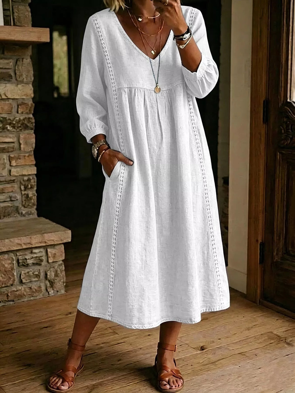 Robe midi en dentelle à manches longues et poches pour femme – vue 6
