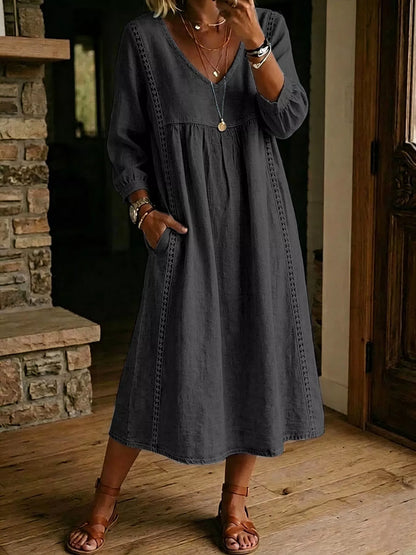 Robe midi en dentelle à manches longues et poches pour femme – vue 8