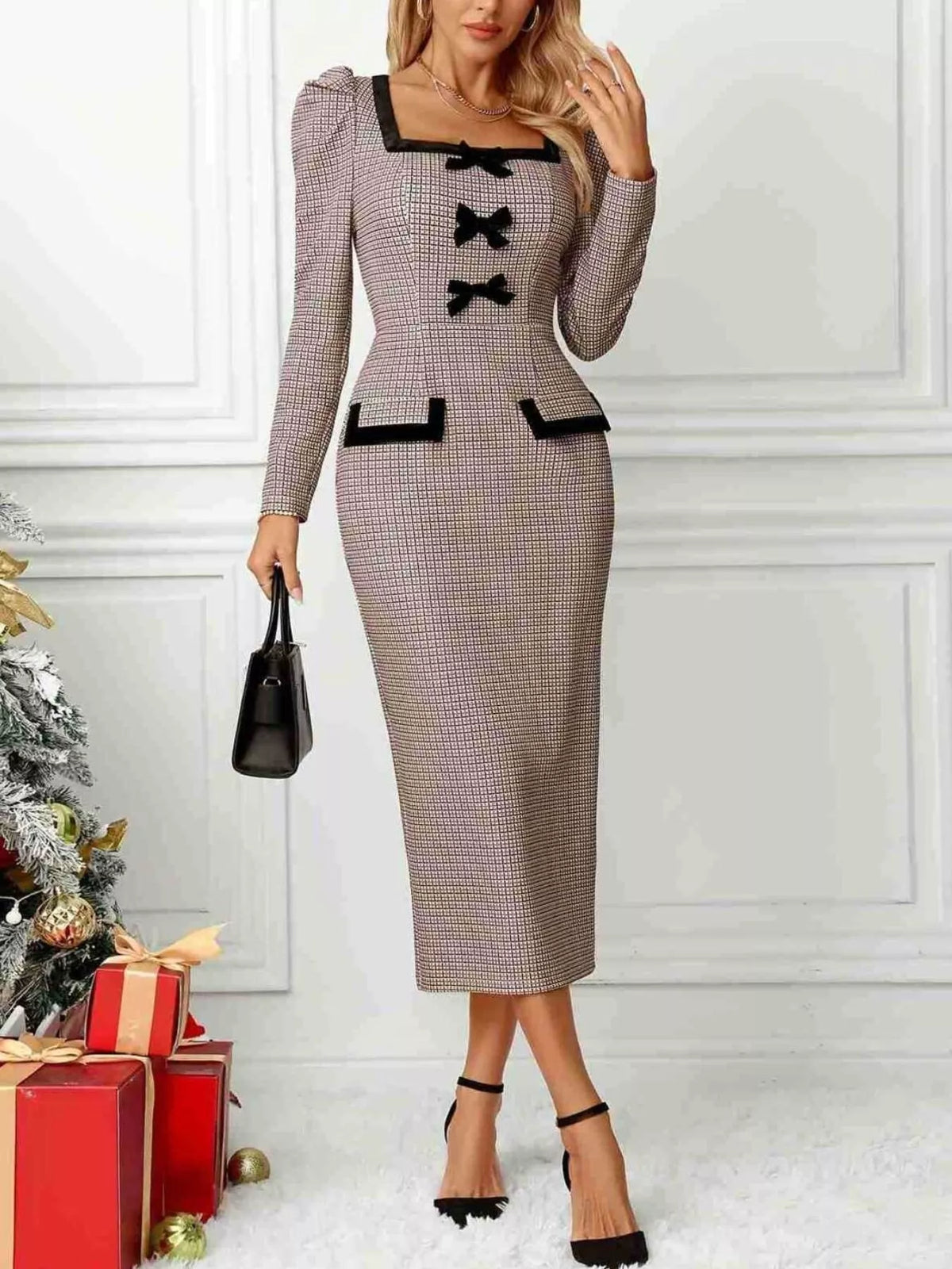 Robe midi pied-de-poule à col carré et nœuds noirs – vue 1