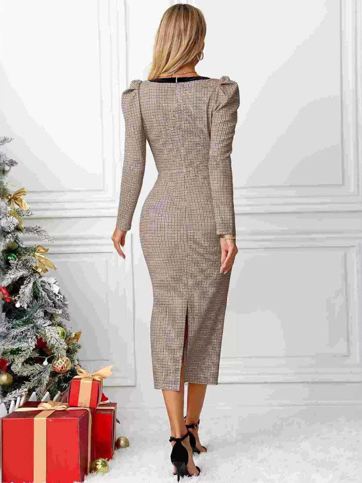 Robe midi pied-de-poule à col carré et nœuds noirs – vue 4