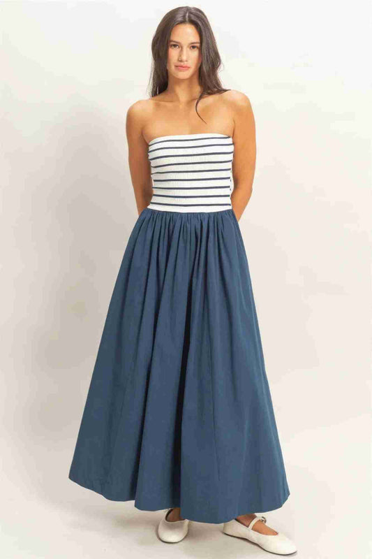 Robe Midi Sans Bretelles À Rayures Haut Côtelé Jupe Fluide Femme – Marine, Noir, Bleu & Blanc by CCWHOLESALECLOTHING