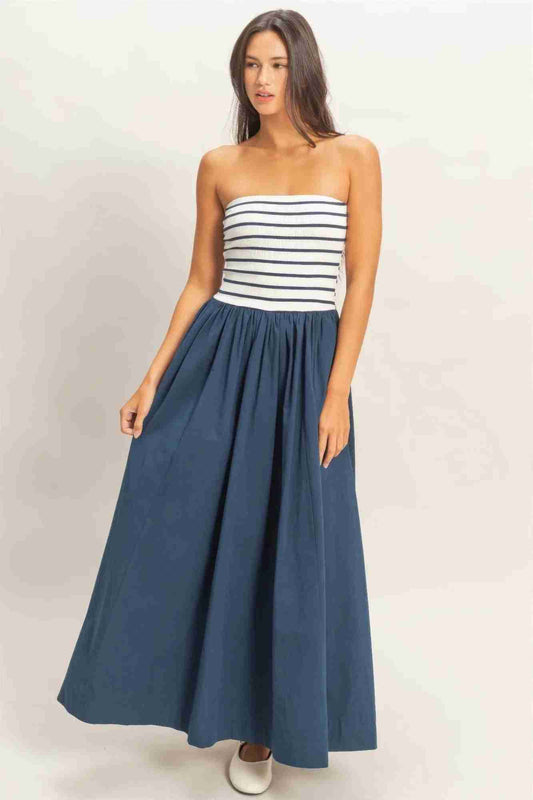 Robe Midi Sans Bretelles À Rayures Haut Côtelé Jupe Fluide Femme – Marine, Noir, Bleu & Blanc by CCWHOLESALECLOTHING