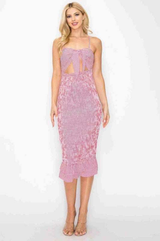 Robe Midi Smockée Nœud Avant Carreaux Rouge Oléna-Fashion