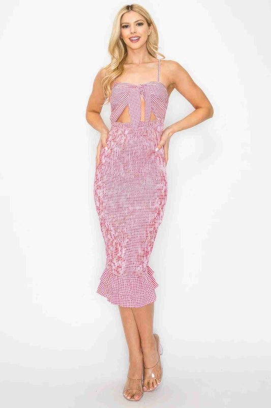 Robe Midi Smockée Nœud Avant Carreaux Rouge Oléna-Fashion