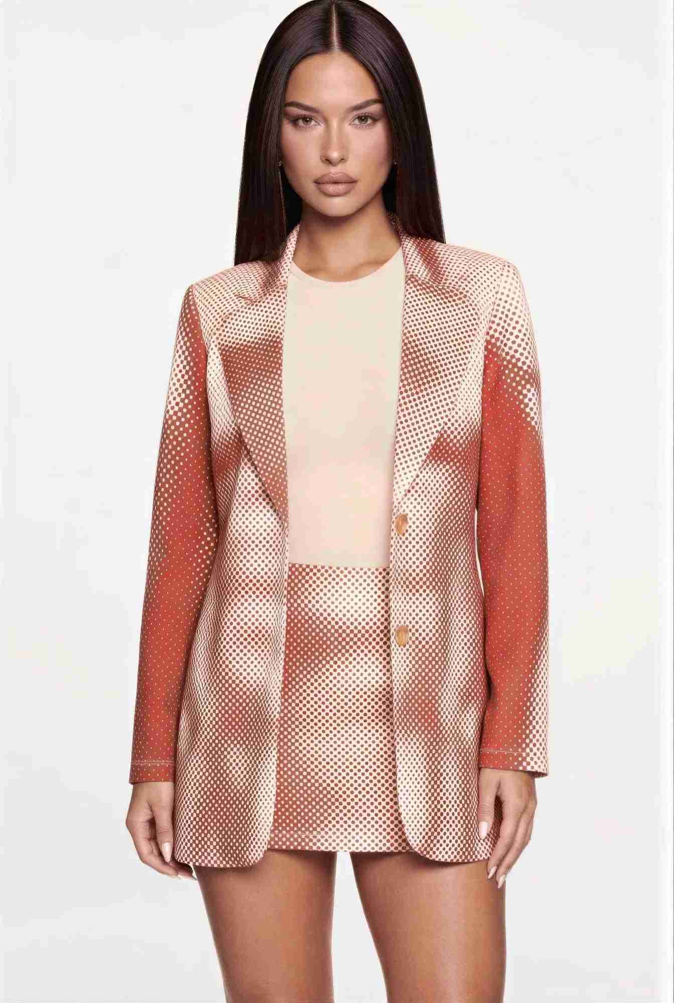 Robe mini blazer rouge à col cranté, manches longues, imprimé à pois