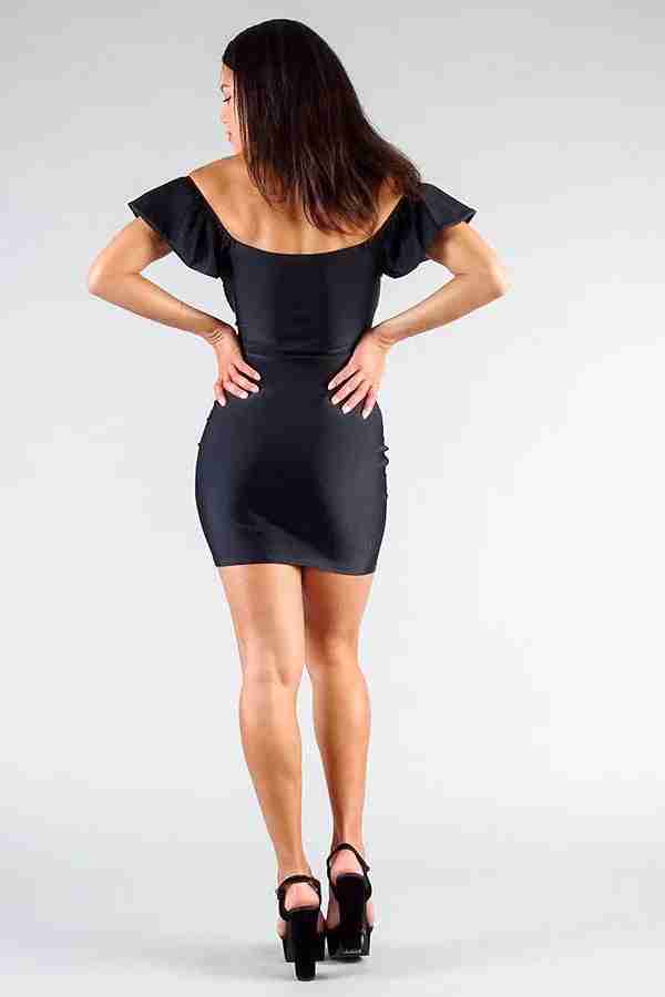 Robe mini noire ajustée avec encolure carrée au dos et manches volantées