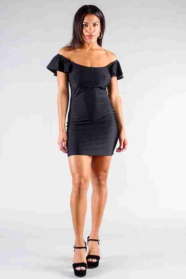 Robe mini ajustée noire à épaules dénudées et manches volantées