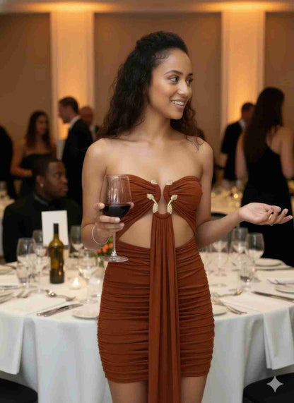 Robe Mini Bustier Drapé Avant Accents Dragon Femme – Moutarde & Rouille by CODIGO