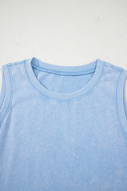 Robe mini sans manches bleue en coton, encolure ronde