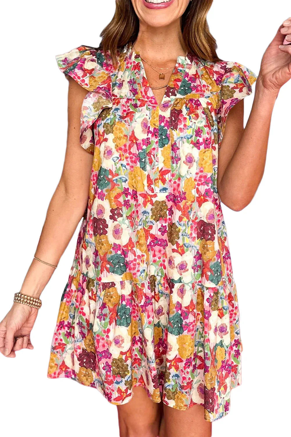 Robe Mini Florale Violette Col Fendu Volants Manches Courtes by Shewin