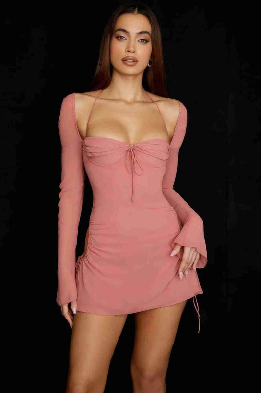 Robe Mini Halter Manches Évasées Découpées Oléna-Fashion