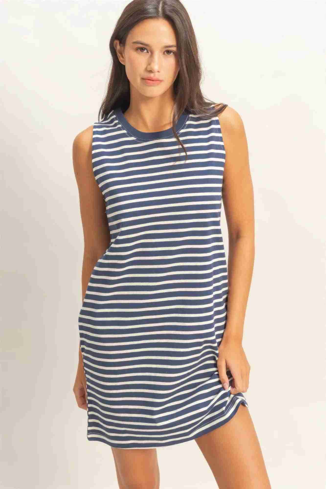 Robe Mini Sans Manches À Rayures Femme – Bleu, Rose & Marine by CCWHOLESALECLOTHING
